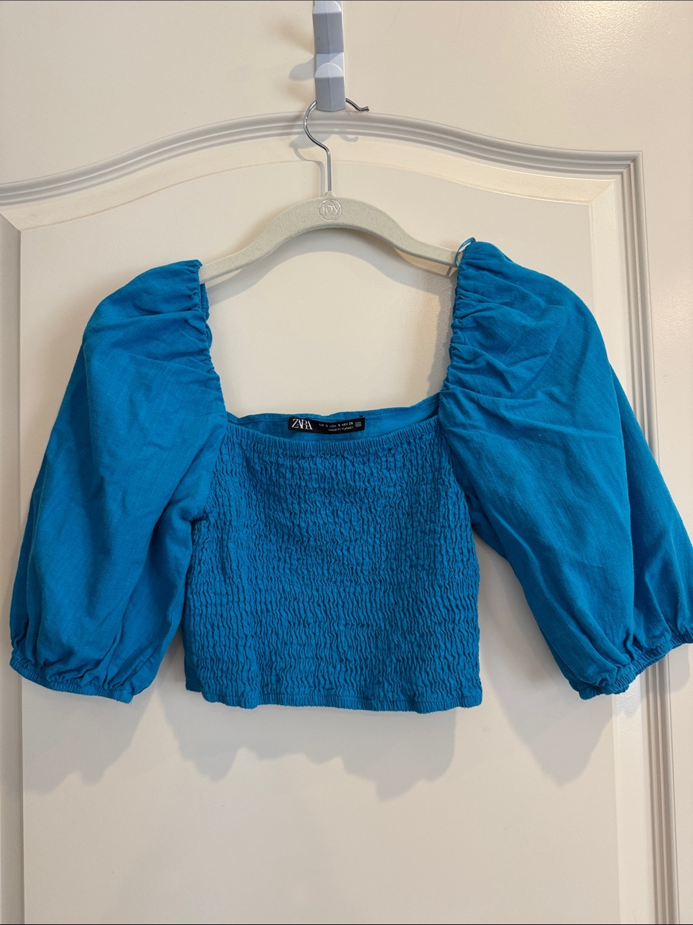 Zara Turquoise Puff-Sleeve Smocked Crop Top